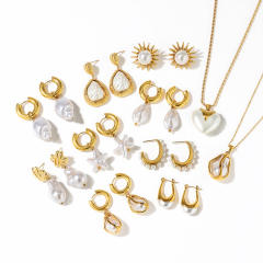 Stainless Steel Earrings Necklace Ocean Style Starfish Conch baroque pearl necklace earrings set