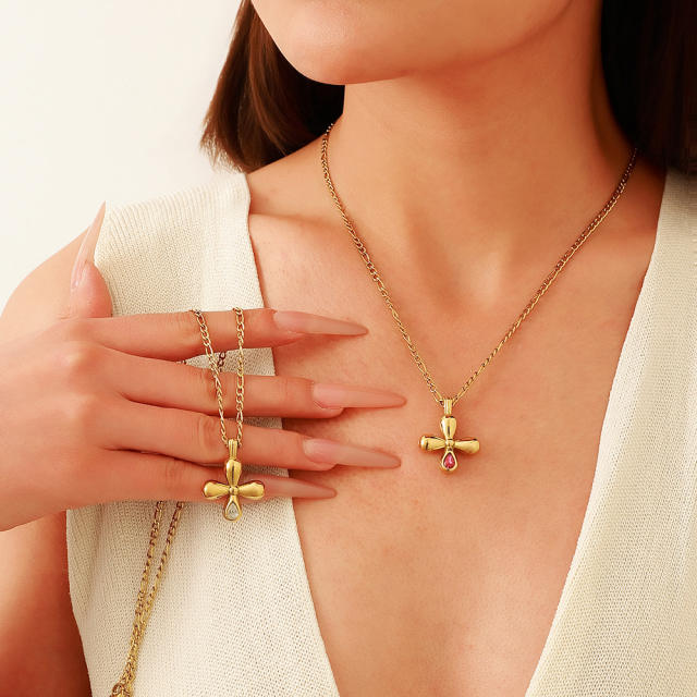 Stainless Steel Necklace with Cross Zircon Pendant