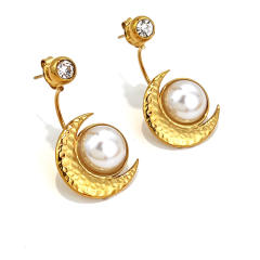 Vintage pearl inlaid stainless steel earrings jacket earrings moon earrings