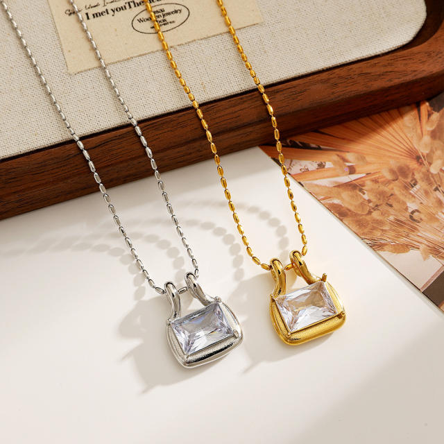Stainless Steel Necklace with Bag-Shaped Pendant crystal bag pendant necklace