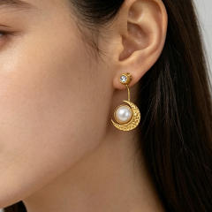 Vintage pearl inlaid stainless steel earrings jacket earrings moon earrings