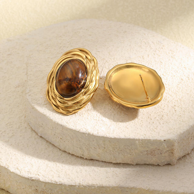 Vintage tiger eye stone inlaid stainless steel earrings