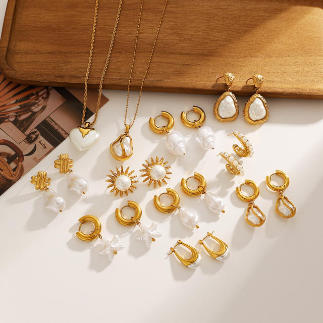 Stainless Steel Earrings Necklace Ocean Style Starfish Conch baroque pearl necklace earrings set