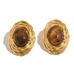 Vintage tiger eye stone inlaid stainless steel earrings