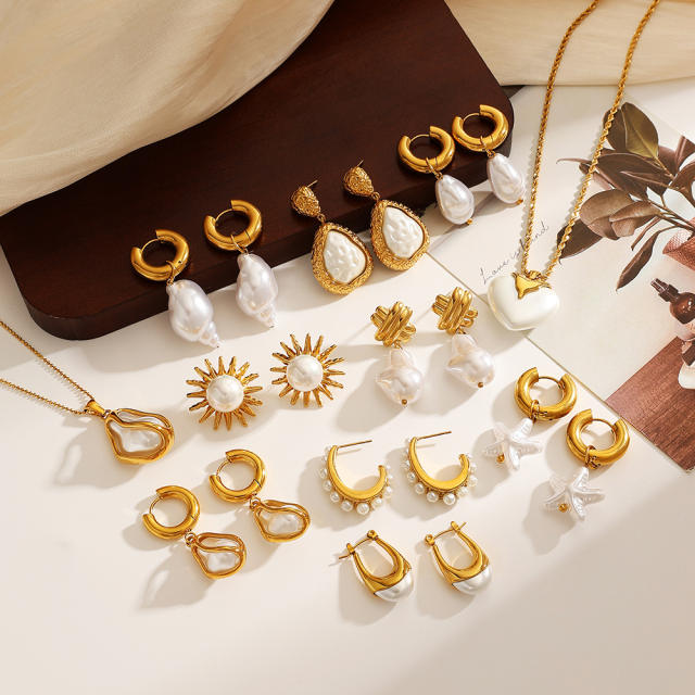 Stainless Steel Earrings Necklace Ocean Style Starfish Conch baroque pearl necklace earrings set