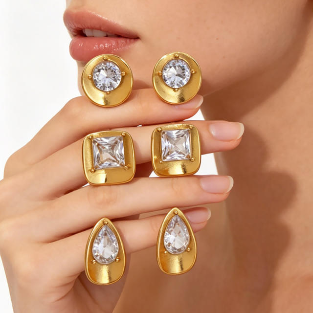 Geometric square drop shape crystal stainless steel earrings