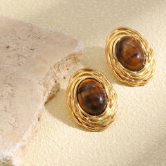 Vintage tiger eye stone inlaid stainless steel earrings