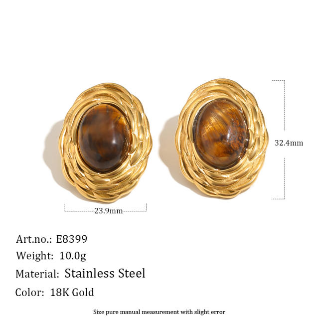Vintage tiger eye stone inlaid stainless steel earrings