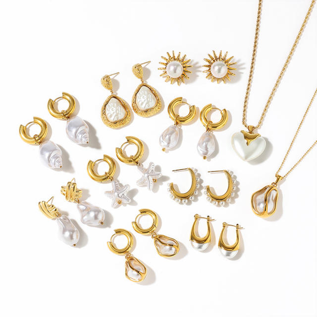 Stainless Steel Earrings Necklace Ocean Style Starfish Conch baroque pearl necklace earrings set