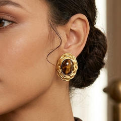 Vintage tiger eye stone inlaid stainless steel earrings