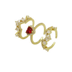 Hot sale ruby pink heart gold plated copper diamond rings set stackable rings