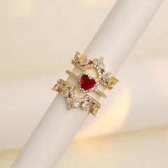 Hot sale ruby pink heart gold plated copper diamond rings set stackable rings
