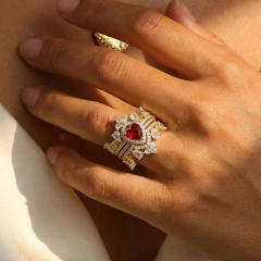 Hot sale ruby pink heart gold plated copper diamond rings set stackable rings