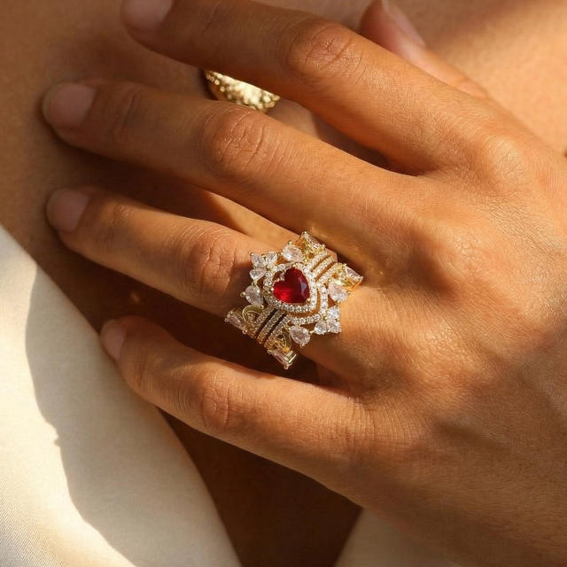 Hot sale ruby pink heart gold plated copper diamond rings set stackable rings