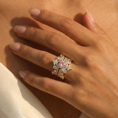 Hot sale ruby pink heart gold plated copper diamond rings set stackable rings