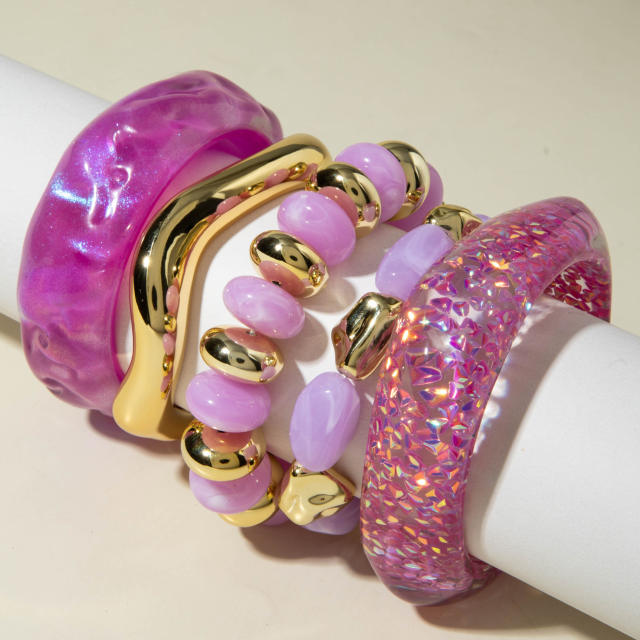Purple Colorful Laser Resin Bracelet Asymmetrical Geometric Round Wide Version Exaggerated Bracelet set