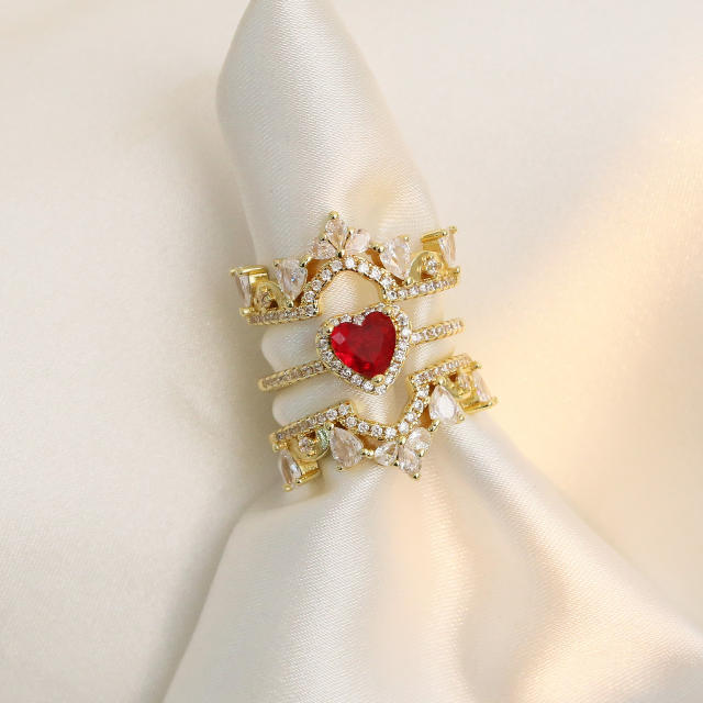 Hot sale ruby pink heart gold plated copper diamond rings set stackable rings