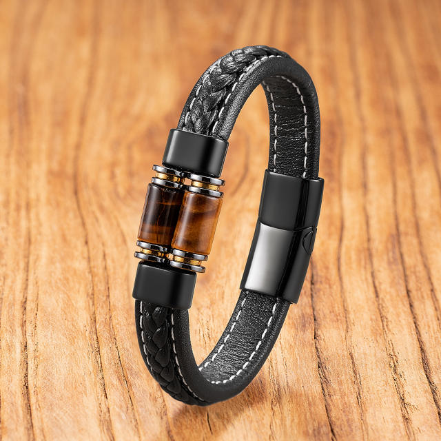 Exclusive Geometric Stone Bracelet for Men Stainless Steel Magnetic Buckle Braided Leather Rope Bracelet Jewelry