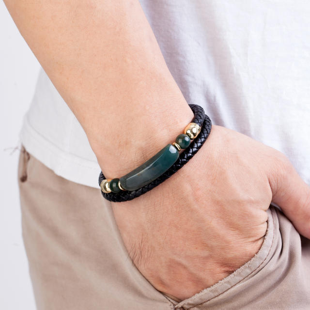 Vintage stainless steel magnet buckle leather double woven bracelet fashion Men's stone bracelet jewelry