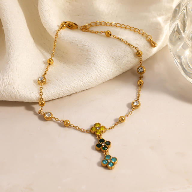 Stainless Steel Anklet with Diamonds Four-Leaf Clover