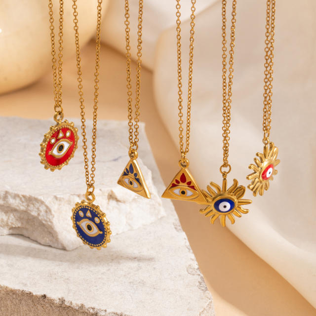 Summer holiday enamel evil eye pendant stainless steel necklace