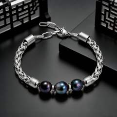 Light Luxury Freshwater Black Pearl Woven Stainless Steel Bracelet for Men Women