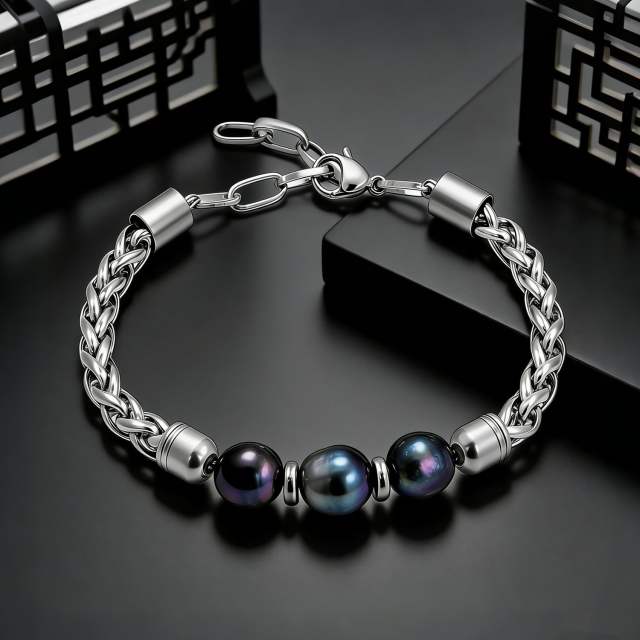 Light Luxury Freshwater Black Pearl Woven Stainless Steel Bracelet for Men Women