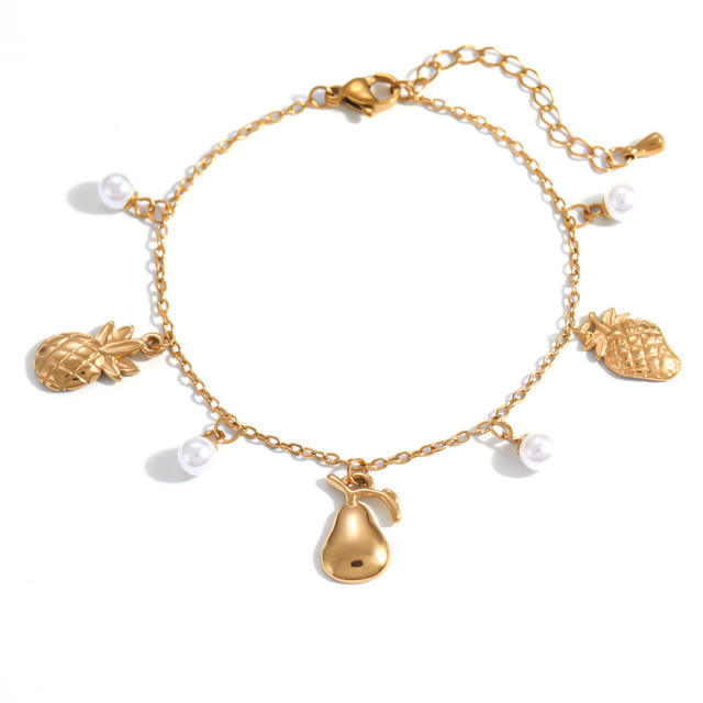 Sweet gold color fruit charm pearl charm stainless steel bracelet