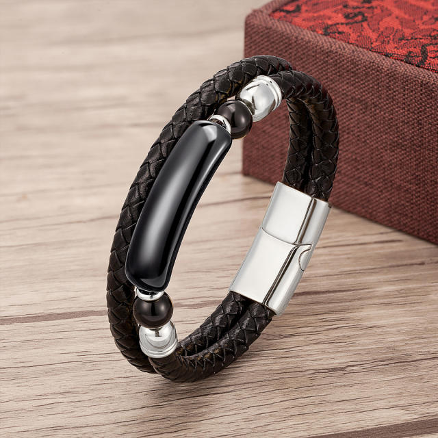 Vintage stainless steel magnet buckle leather double woven bracelet fashion Men's stone bracelet jewelry