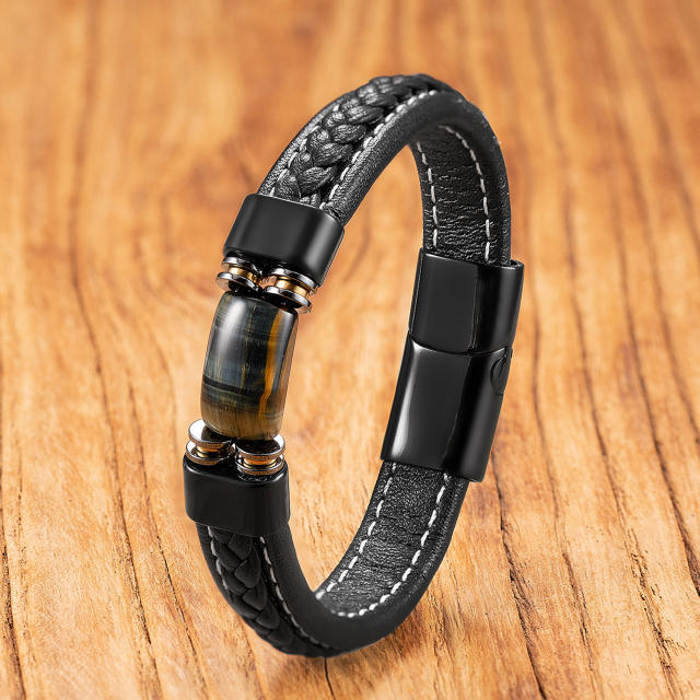 Natural stone handmade woven leather rope stainless steel Magnetic buckle bracelet for men