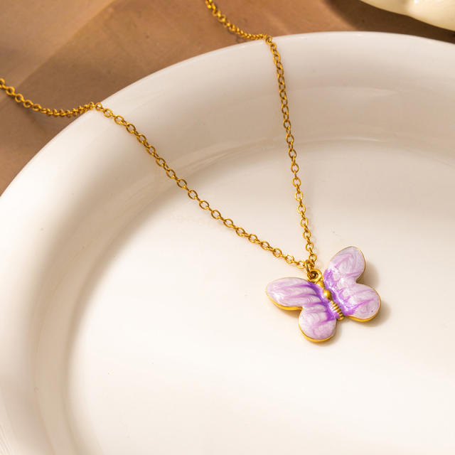 Color enamel butterfly pendant stainless steel necklace