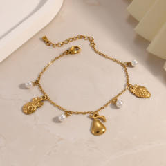 Sweet gold color fruit charm pearl charm stainless steel bracelet