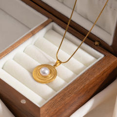 Vintage pearl inlaid geometric pendant stainless steel necklace