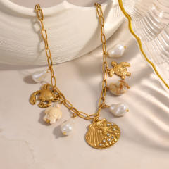 Summer baroque pearl shell conch charm necklace stainless steel necklace