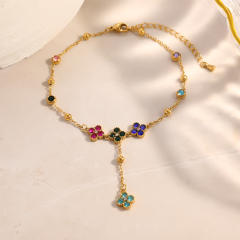 Stainless Steel Anklet with Inlaid Colored Diamonds Four-Leaf Clover anklet