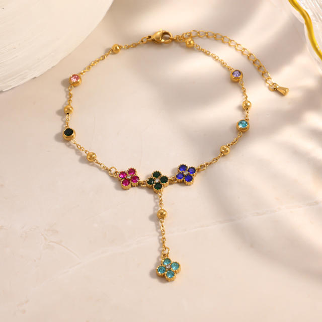 Stainless Steel Anklet with Inlaid Colored Diamonds Four-Leaf Clover anklet