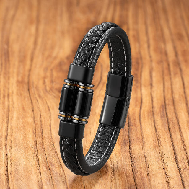 Exclusive Geometric Stone Bracelet for Men Stainless Steel Magnetic Buckle Braided Leather Rope Bracelet Jewelry