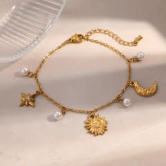 Elegant sun moon pearl charm stainless steel bracelet