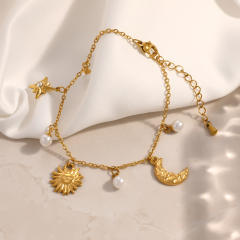 Elegant sun moon pearl charm stainless steel bracelet