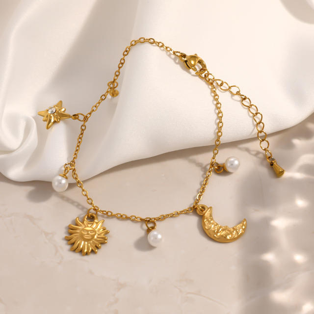 Elegant sun moon pearl charm stainless steel bracelet