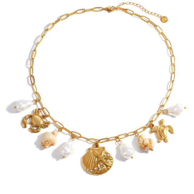 Summer baroque pearl shell conch charm necklace stainless steel necklace