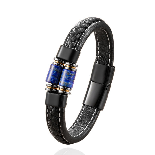 Exclusive Geometric Stone Bracelet for Men Stainless Steel Magnetic Buckle Braided Leather Rope Bracelet Jewelry