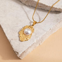 Hammer pendant with pearl inlaid stainless steel necklace