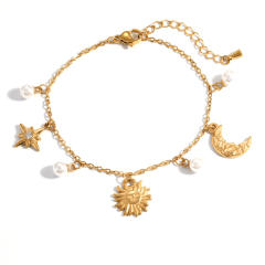 Elegant sun moon pearl charm stainless steel bracelet