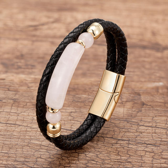 Vintage stainless steel magnet buckle leather double woven bracelet fashion Men's stone bracelet jewelry