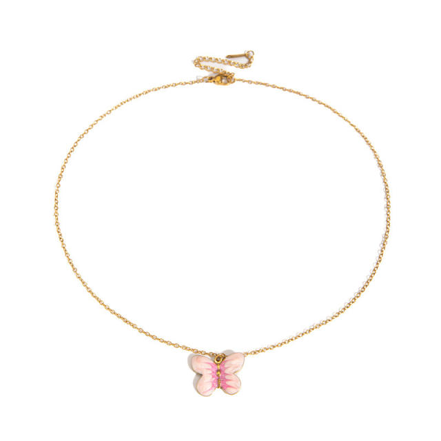 Color enamel butterfly pendant stainless steel necklace