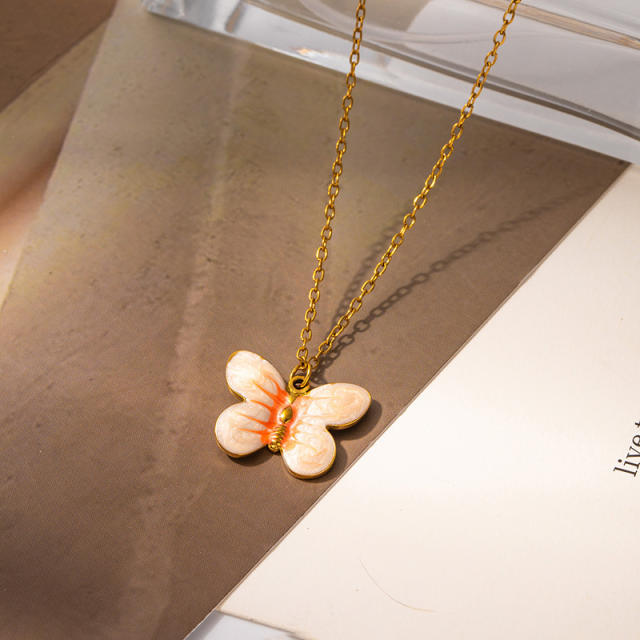 Color enamel butterfly pendant stainless steel necklace