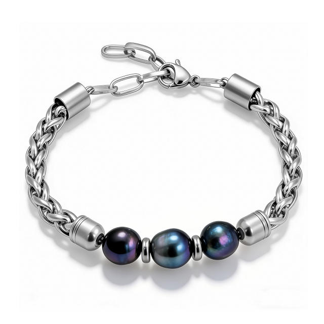 Light Luxury Freshwater Black Pearl Woven Stainless Steel Bracelet for Men Women