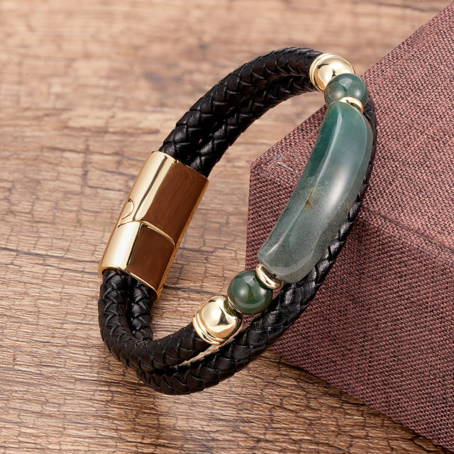 Vintage stainless steel magnet buckle leather double woven bracelet fashion Men's stone bracelet jewelry