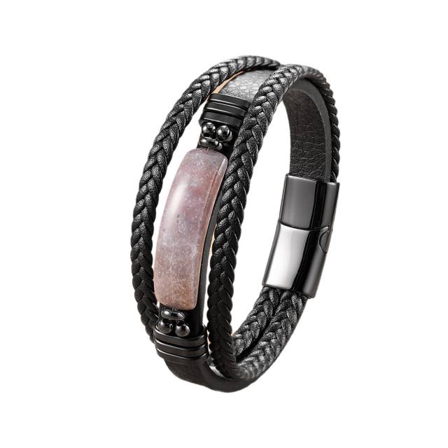 Hot Selling Geometric Tiger Eye Stone Bracelet for Men Multi-Layer Leather Rope Bracelet Stone Bracelet Magnet Buckle Bracelet